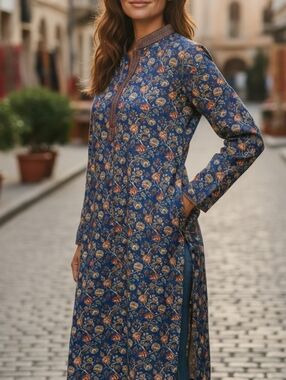 NWT Womens Boho Blue Floral Tunic Dress Kurta XL Festival Hippie Ethnic India